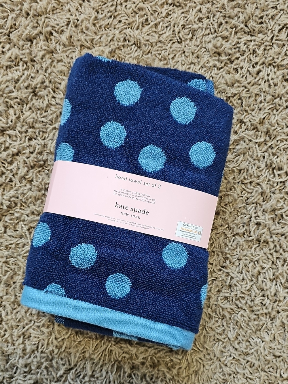 NWT Kate Spade Hand Towels 100% Cotton Blue Polka Dot Set Of Two - Picture 2 of 3